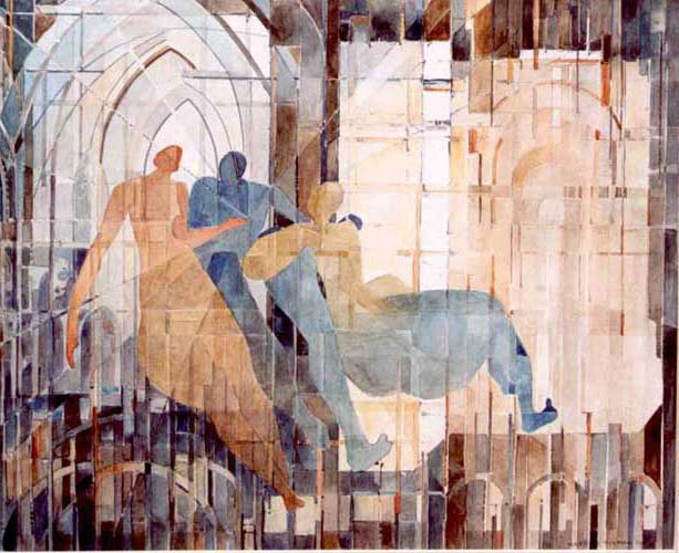 Figuren in structuren, aquarel, 40 x 60 cm