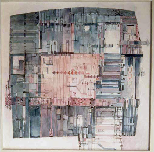 Labyrint van herinneringen, aquarel, 47 x 47 cm